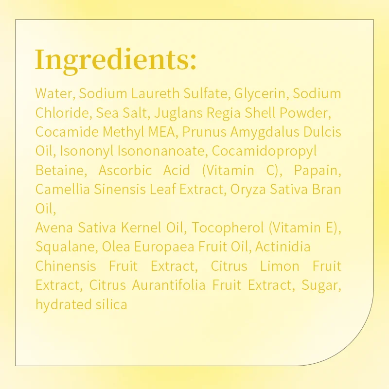 List of ingredients for a skincare product including natural extracts, oils, and vitamins, displayed on a light yellow background.